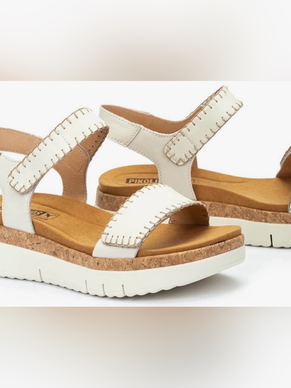 PIKOLINOS Wedge Sandel Leather Palma White Cork Trim Platform Size 7 New